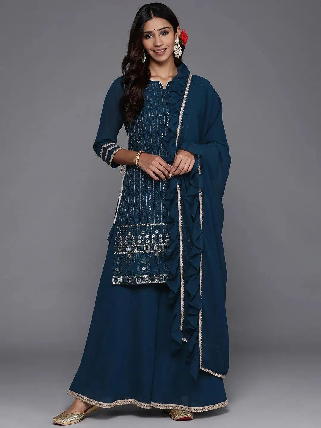 Blue Embroidered Georgette Straight Suit Set With Skirt - Libas