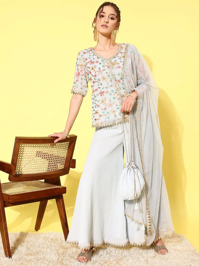 Libas Blue Embroidered Georgette Straight Kurta With Palazzos & Dupatta