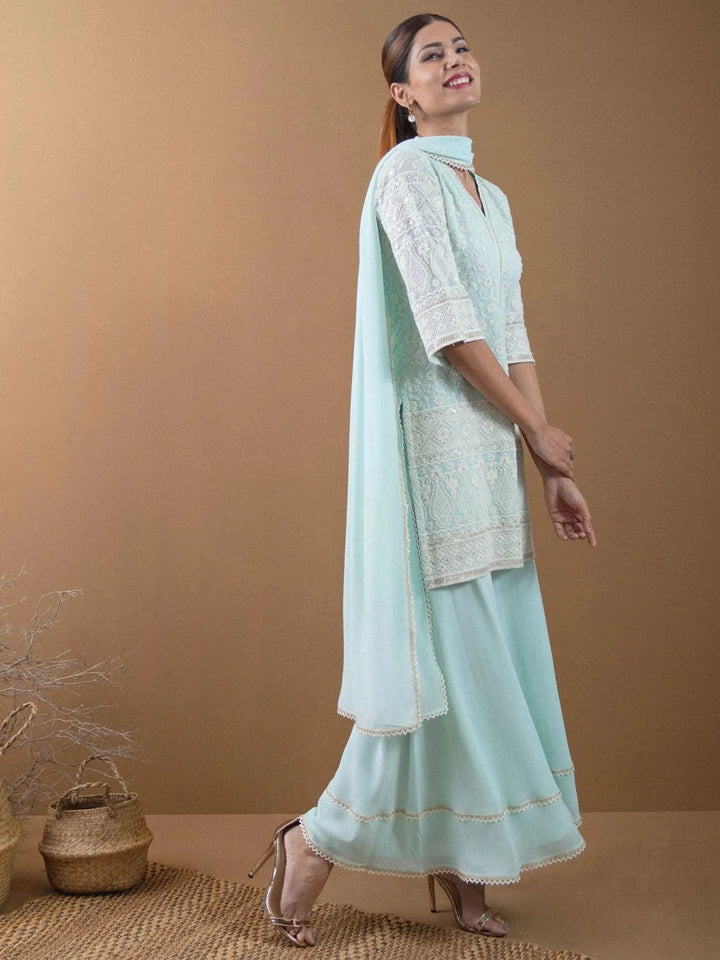KASHVI Blue Embroidered Georgette Suit Set - Libas