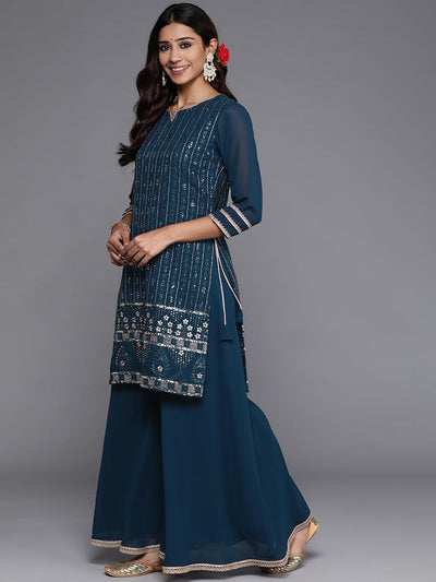 Blue Embroidered Georgette Straight Suit Set With Skirt - Libas