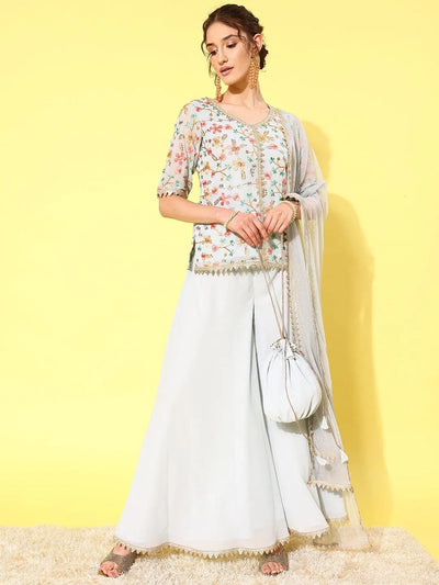 Blue Embroidered Georgette Straight Suit Set With Skirt - Libas