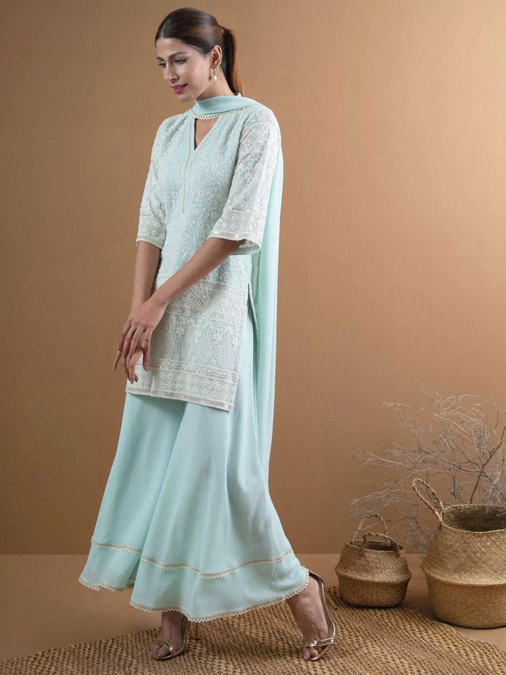 KASHVI Blue Embroidered Georgette Suit Set - Libas