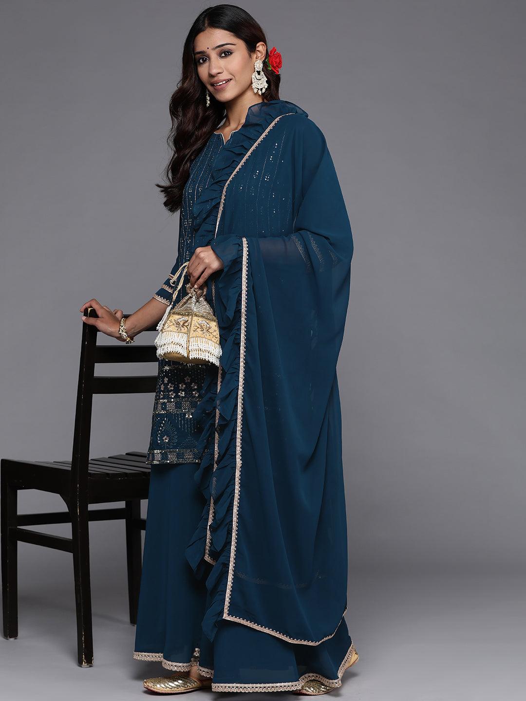 Blue Embroidered Georgette Straight Kurta With Palazzos & Dupatta
