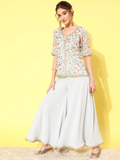 Blue Embroidered Georgette Straight Suit Set With Skirt - Libas