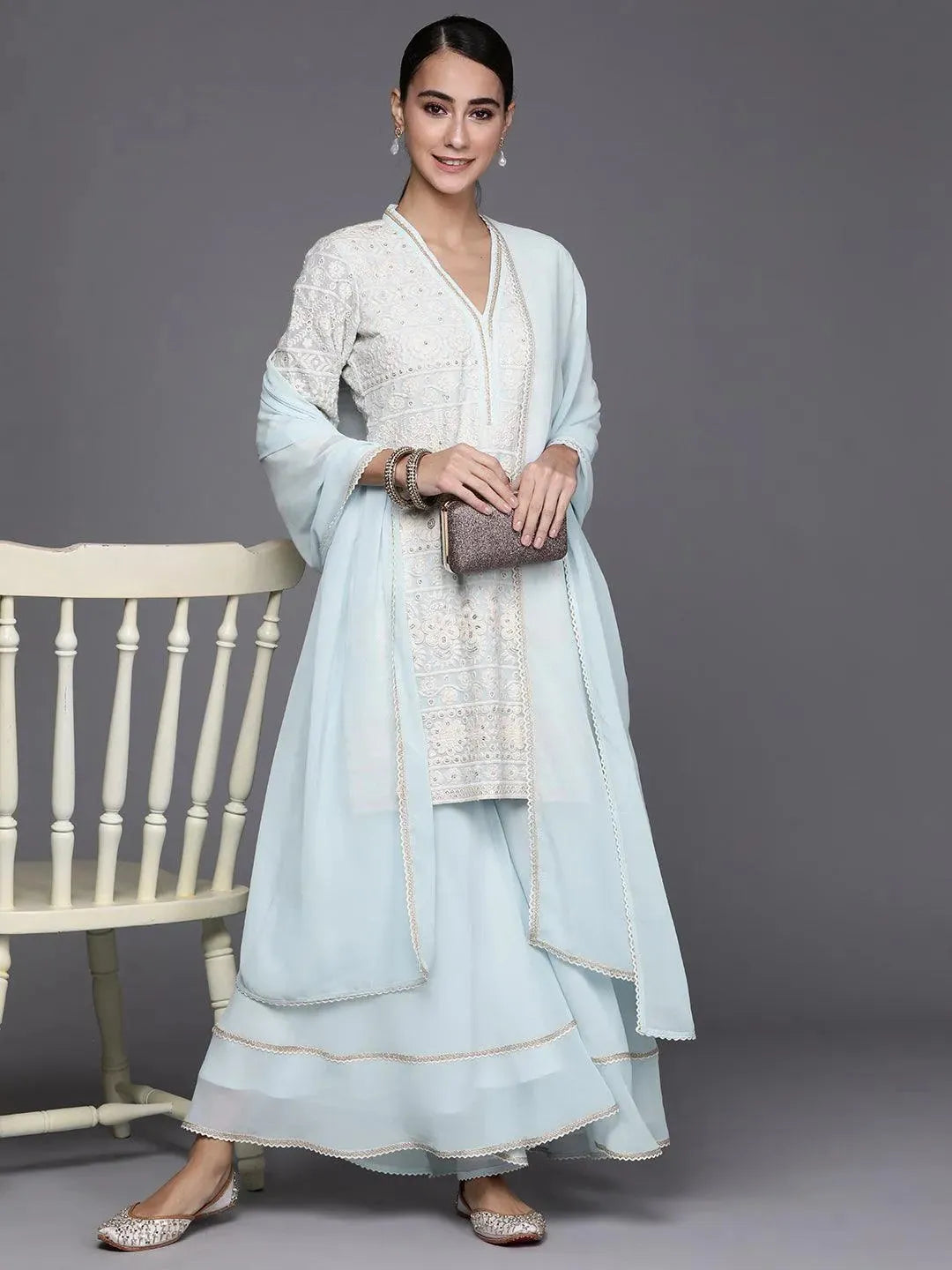 Blue Embroidered Georgette Suit Set - Libas 