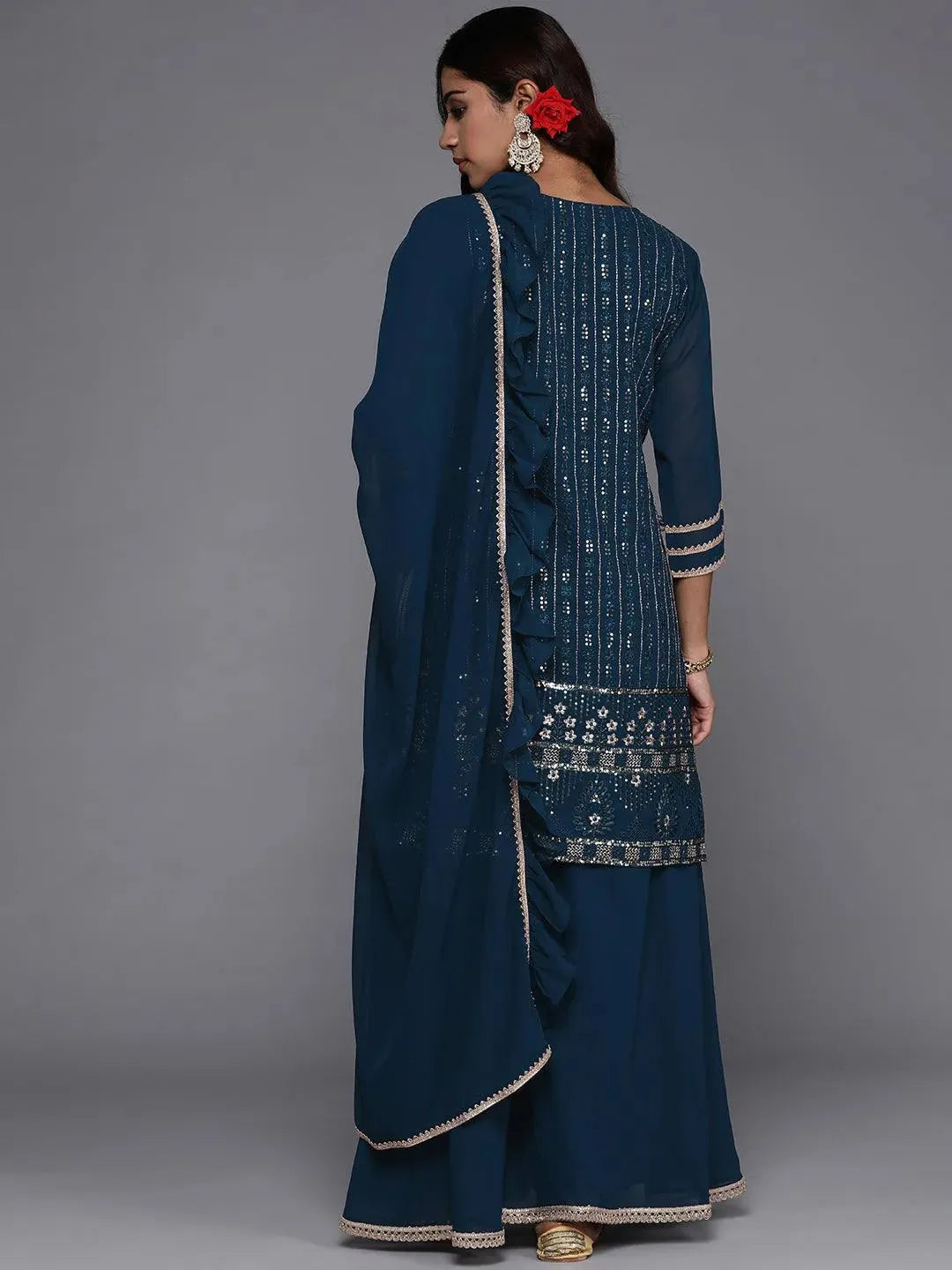 Blue Embroidered Georgette Straight Suit Set With Skirt - Libas