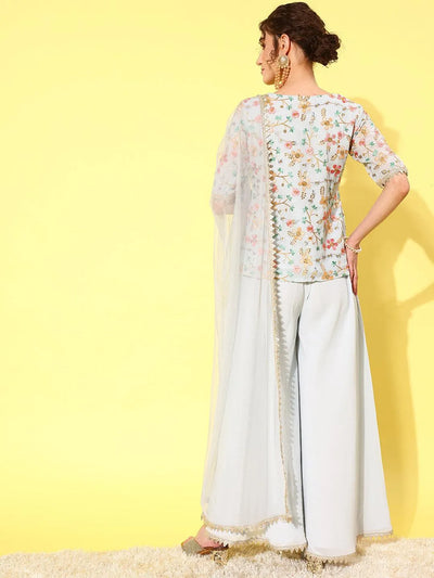 Blue Embroidered Georgette Straight Suit Set With Skirt - Libas