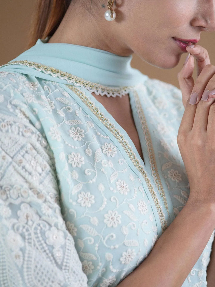 KASHVI Blue Embroidered Georgette Suit Set - Libas