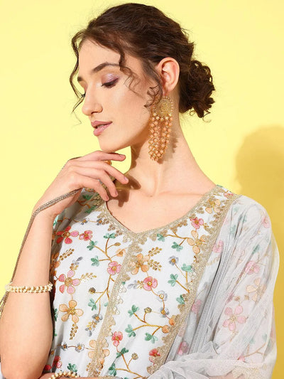 Blue Embroidered Georgette Straight Suit Set With Skirt - Libas