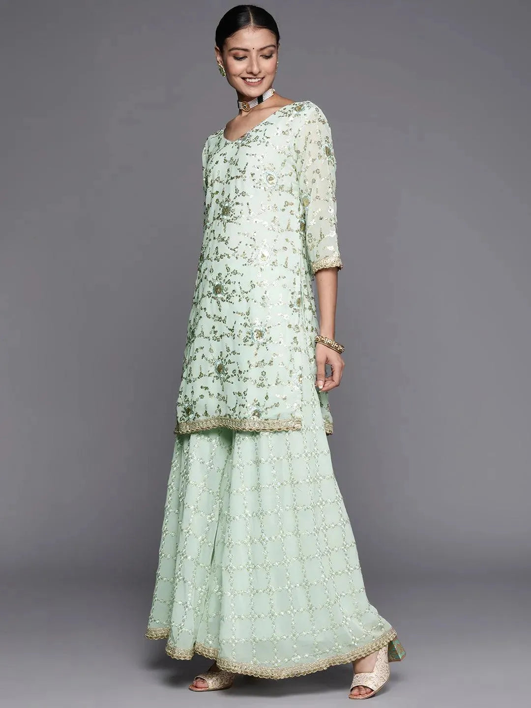 Blue Embroidered Georgette Straight Suit Set - Libas 