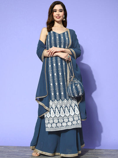 Blue Embroidered Georgette Straight Suit Set With Skirt - Libas