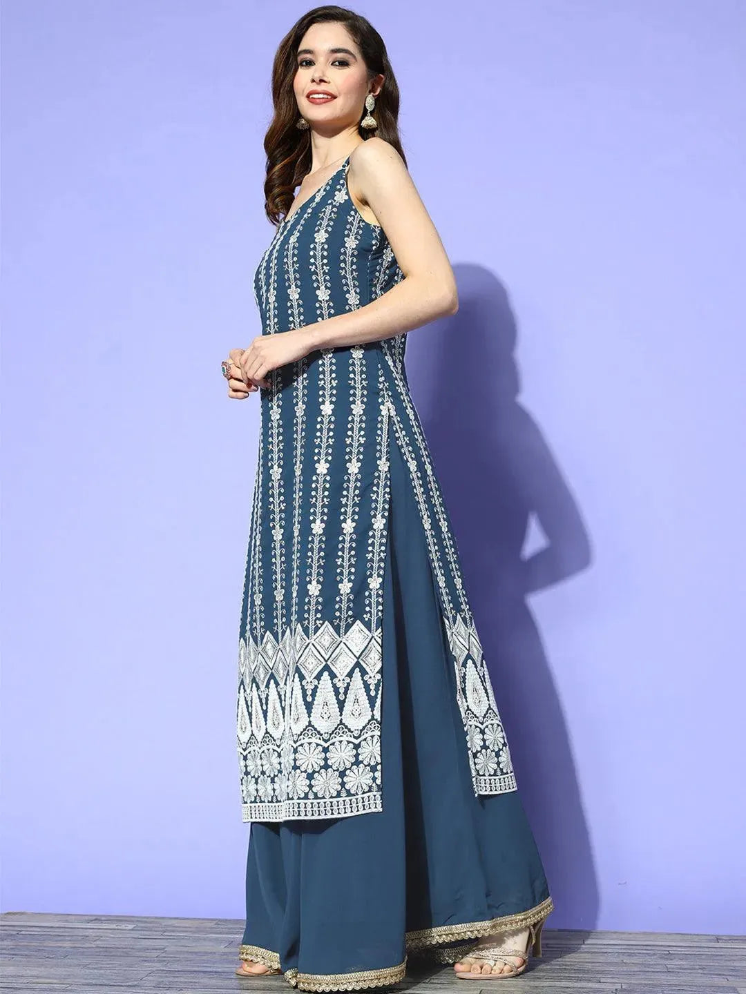 Blue Embroidered Georgette Straight Suit Set With Skirt - Libas 