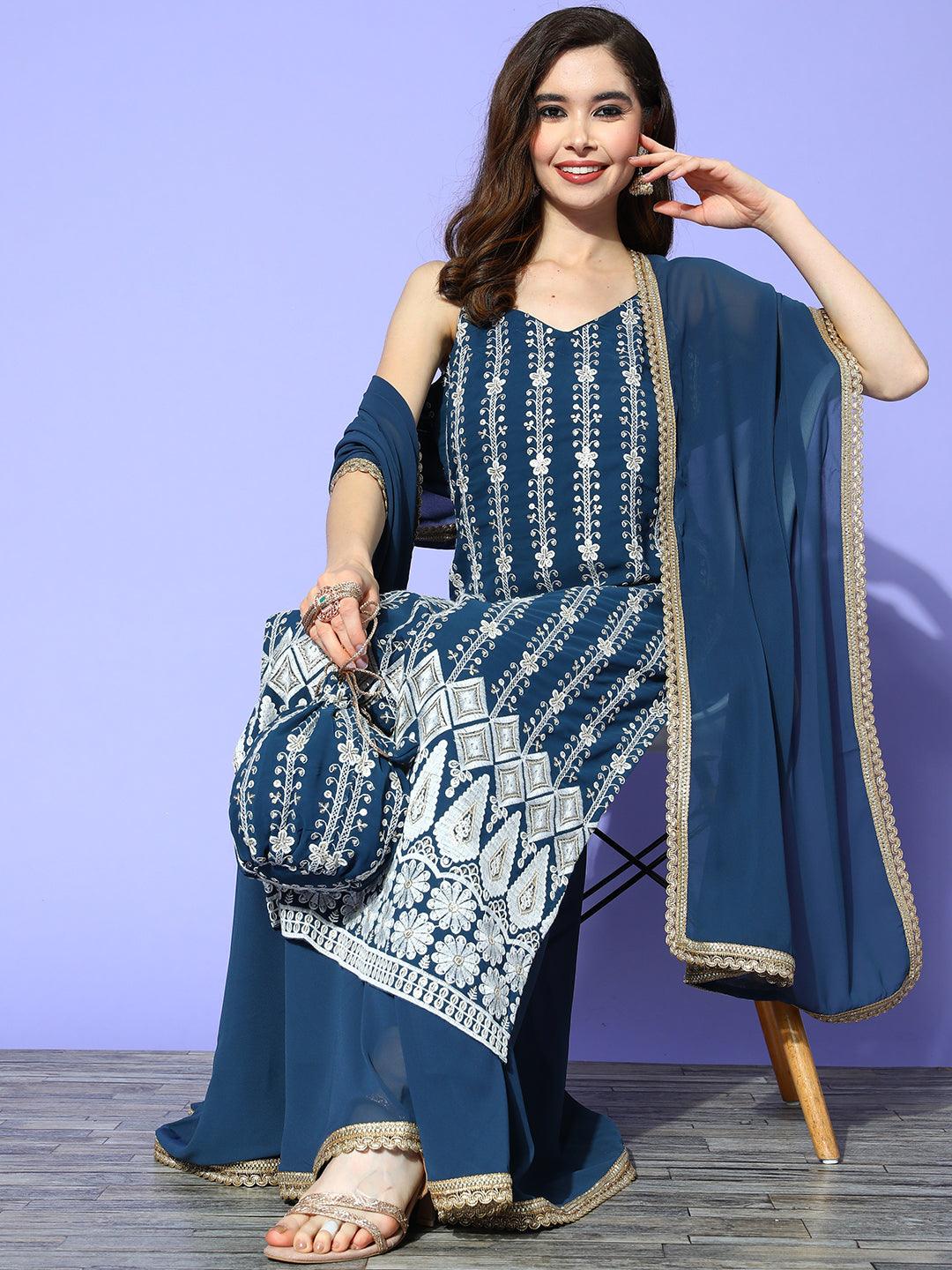 Blue Embroidered Georgette Straight Kurta With Skirt & Dupatta