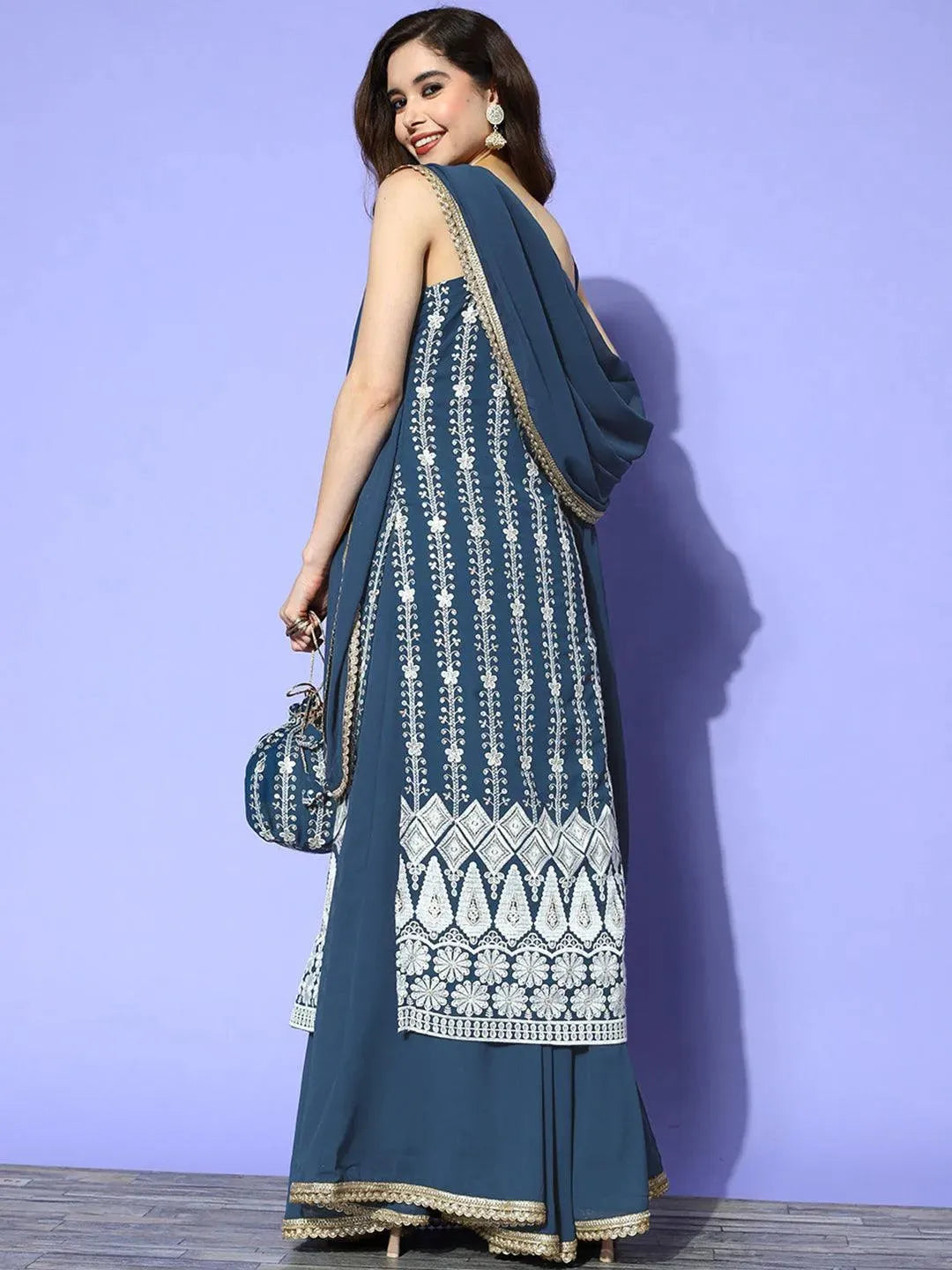Blue Embroidered Georgette Straight Suit Set With Skirt - Libas 