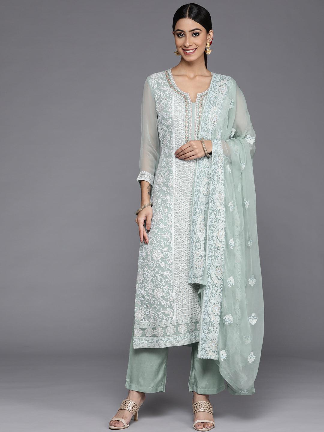 Blue Embroidered Poly Georgette Straight Suit Set - Libas