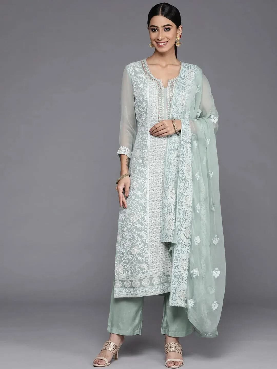 

Blue Embroidered Georgette Straight Kurta With Trousers & Dupatta
