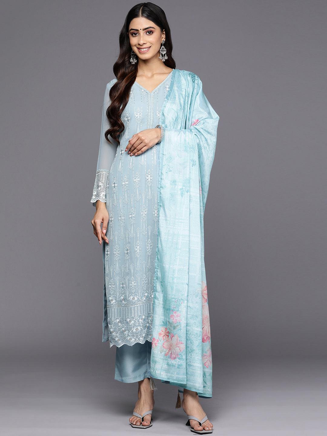 Blue Embroidered Georgette Straight Suit Set With Trousers - Libas