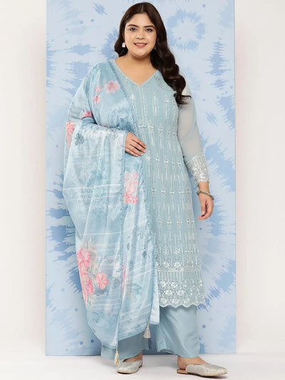 Blue Embroidered Georgette Straight Suit Set With Trousers - Libas