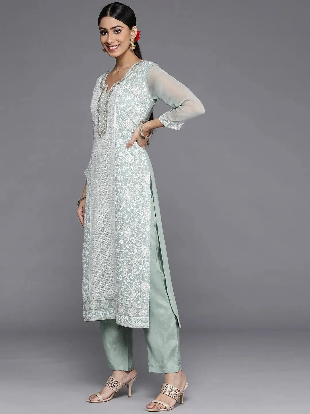 Blue Embroidered Poly Georgette Straight Suit Set - Libas 