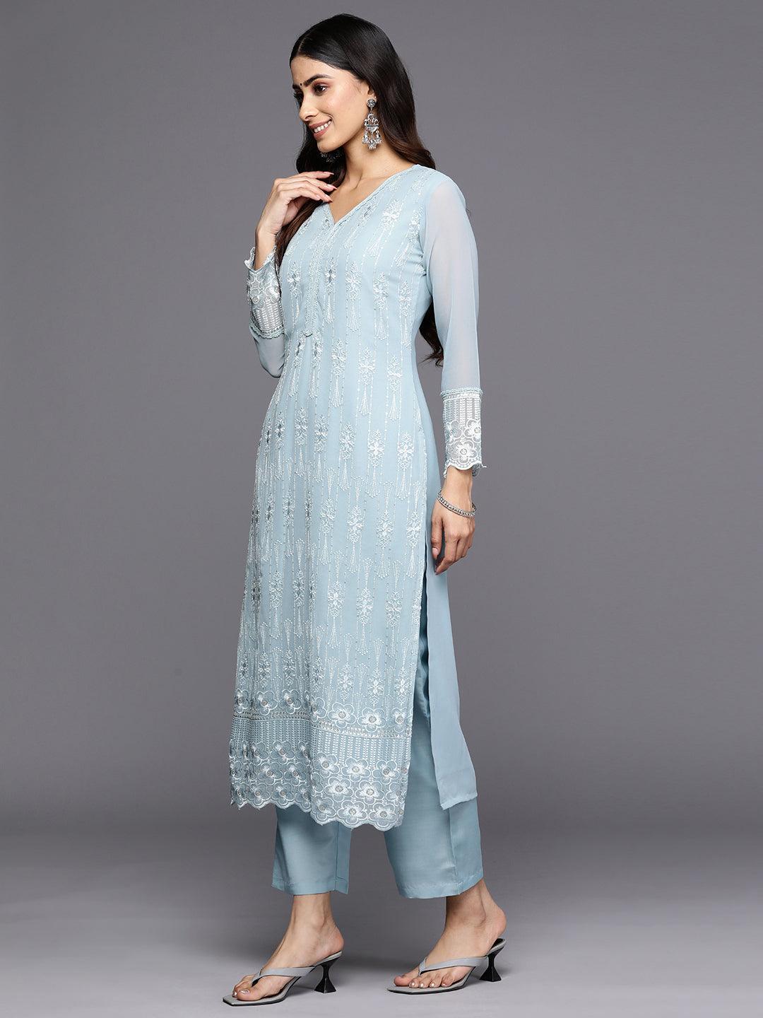 Blue Embroidered Georgette Straight Kurta With Trousers & Dupatta
