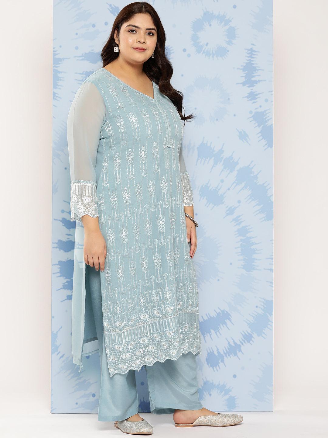 Blue Embroidered Georgette Straight Kurta With Trousers and Dupatta