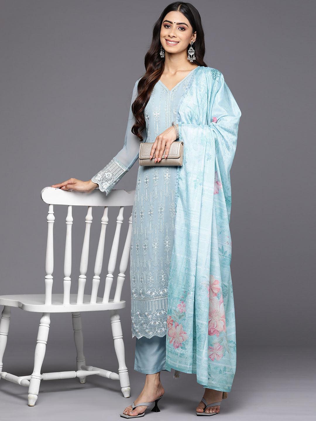 Blue Embroidered Georgette Straight Kurta With Trousers & Dupatta