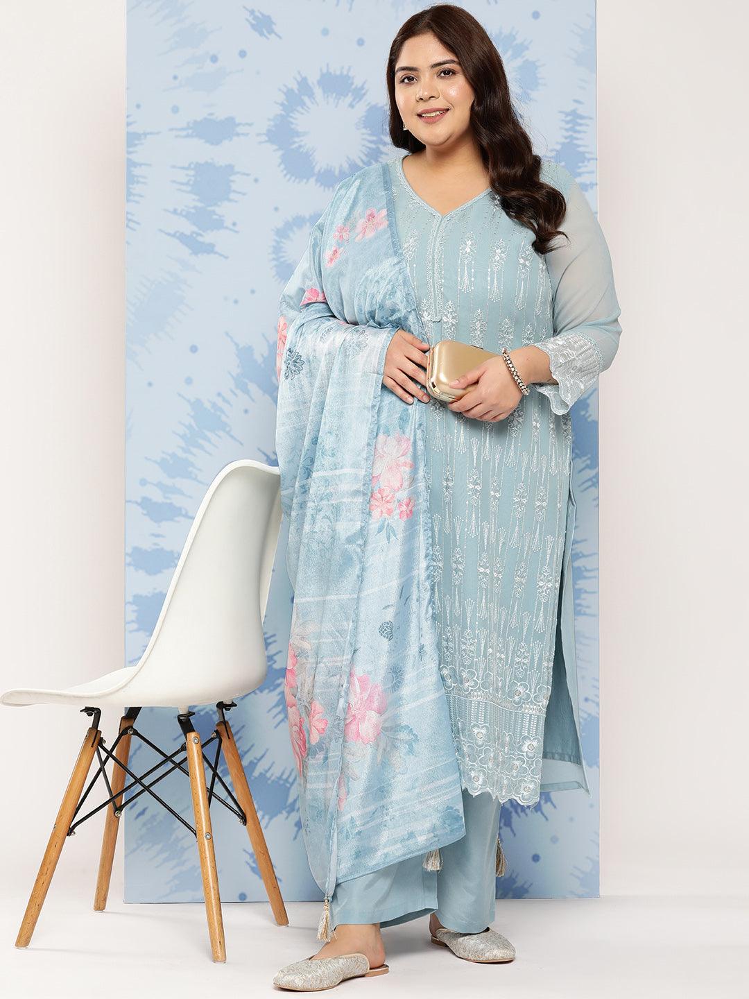 Blue Embroidered Georgette Straight Kurta With Trousers and Dupatta - Libas