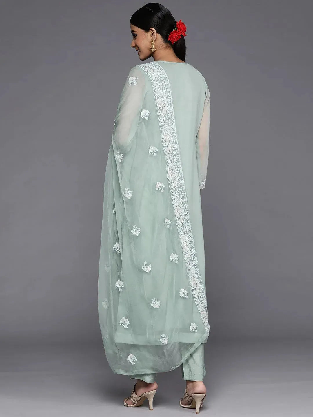 Blue Embroidered Poly Georgette Straight Suit Set - Libas 