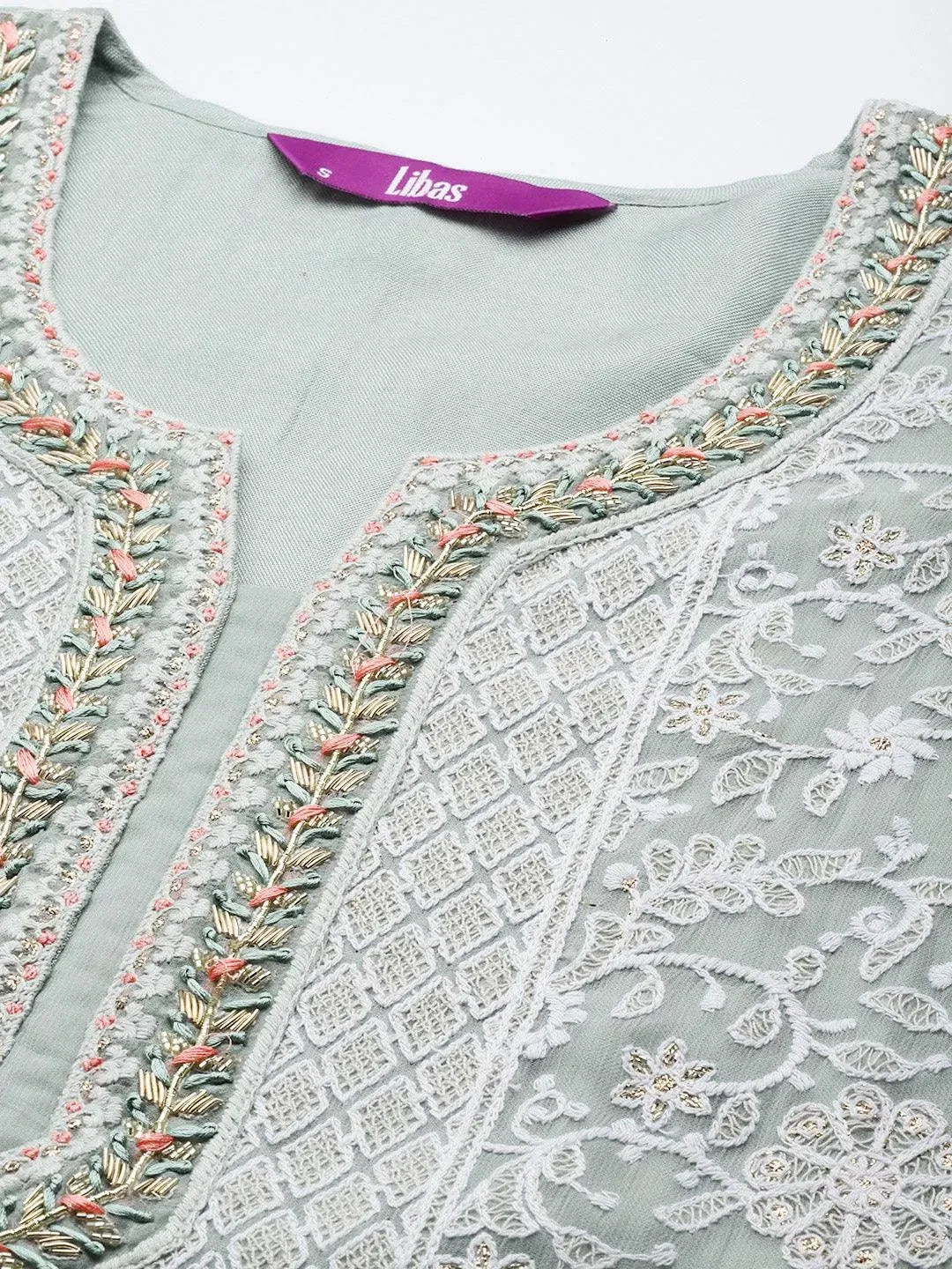 Blue Embroidered Poly Georgette Straight Suit Set - Libas 