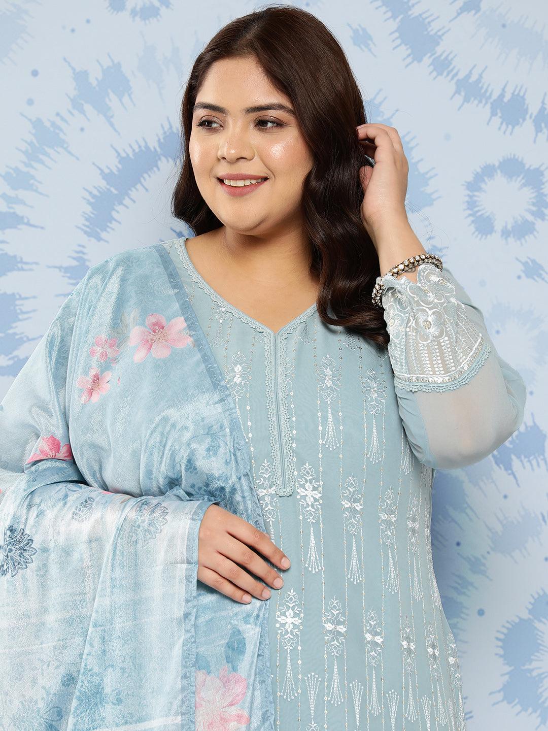 Blue Embroidered Georgette Straight Kurta With Trousers and Dupatta
