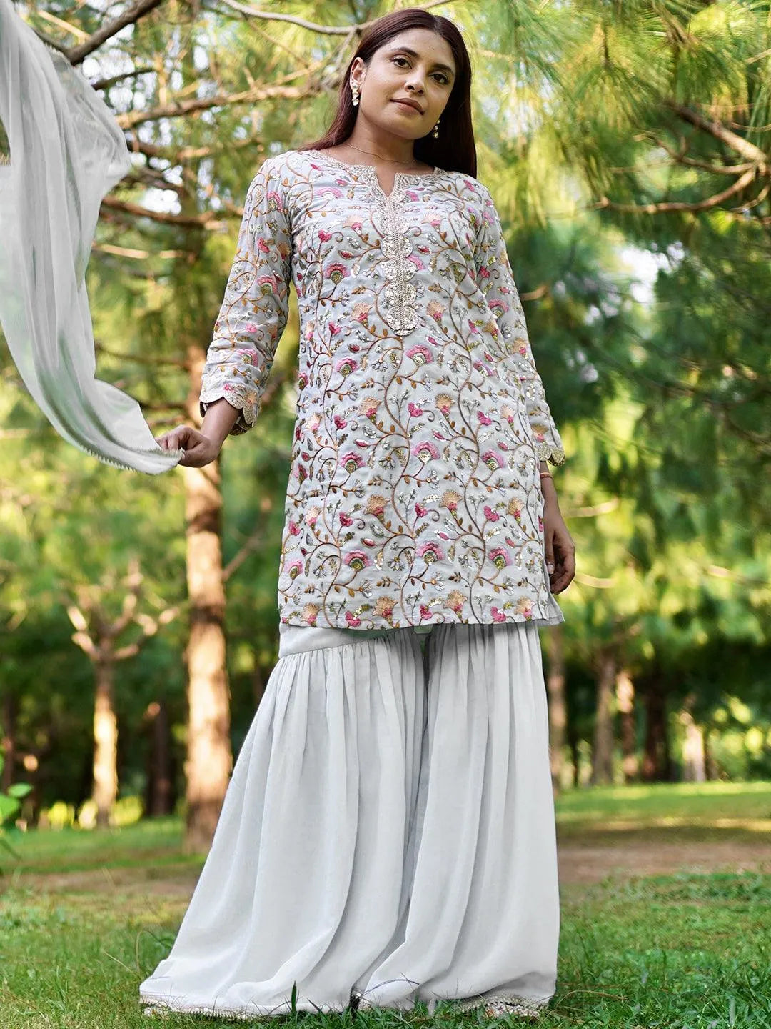Blue Embroidered Georgette Straight Kurti With Sharara & Dupatta - Libas