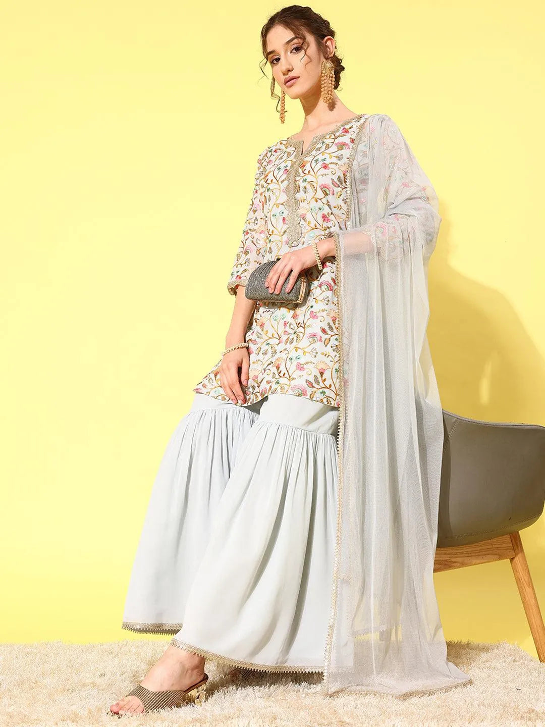 Blue Embroidered Georgette Straight Kurti With Sharara & Dupatta - Libas 