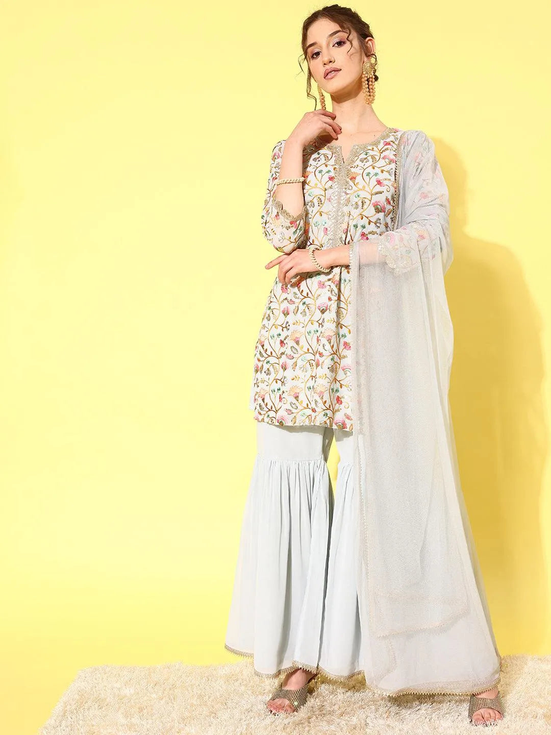 Blue Embroidered Georgette Straight Kurti With Sharara & Dupatta - Libas 