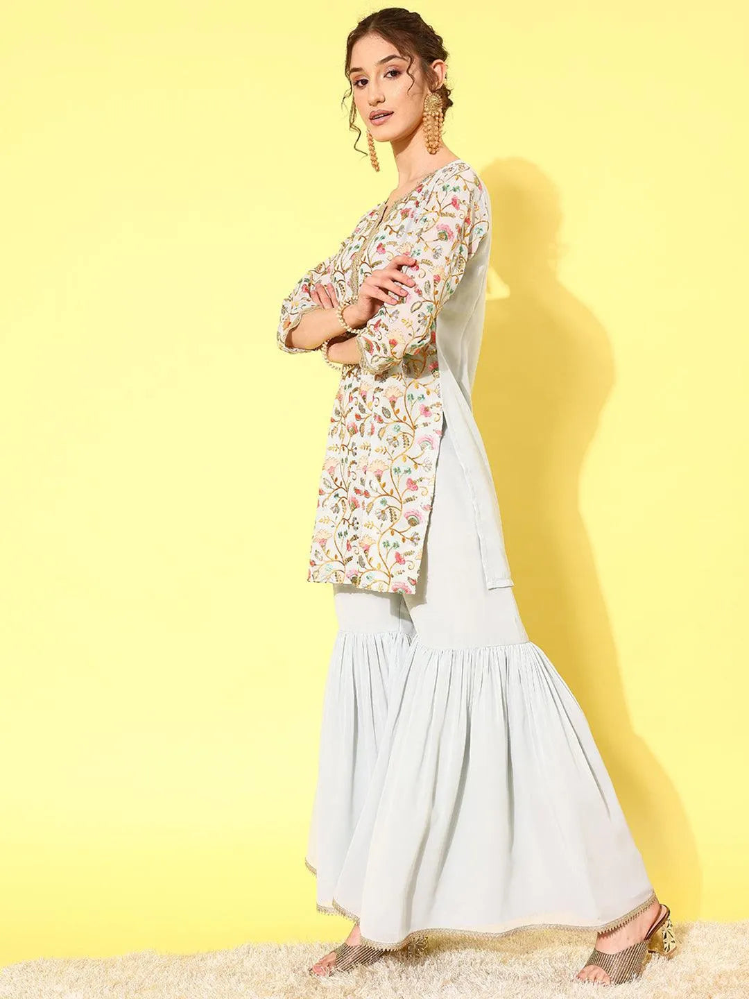 Blue Embroidered Georgette Straight Kurti With Sharara & Dupatta - Libas 