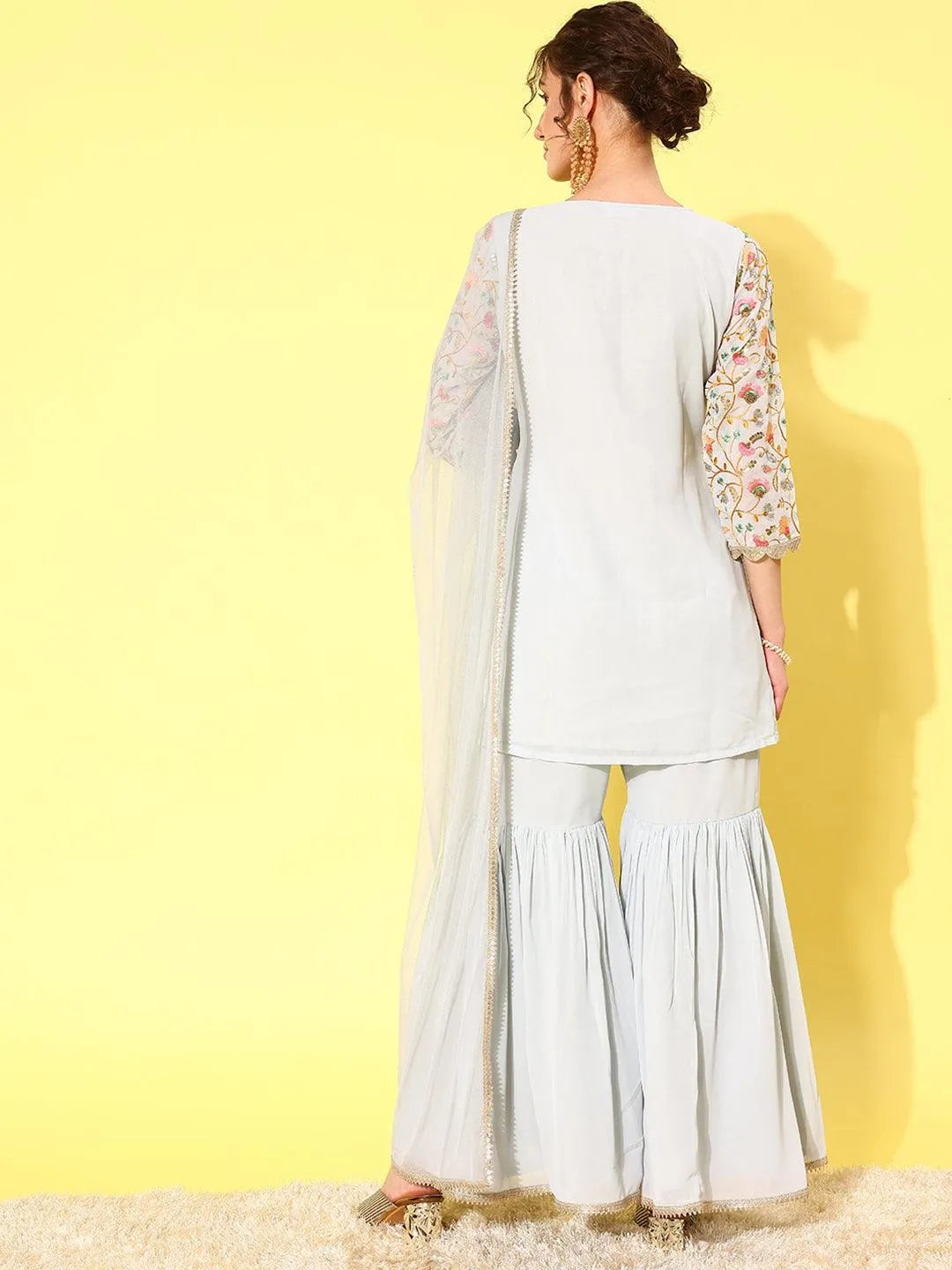 Blue Embroidered Georgette Straight Kurti With Sharara & Dupatta - Libas 
