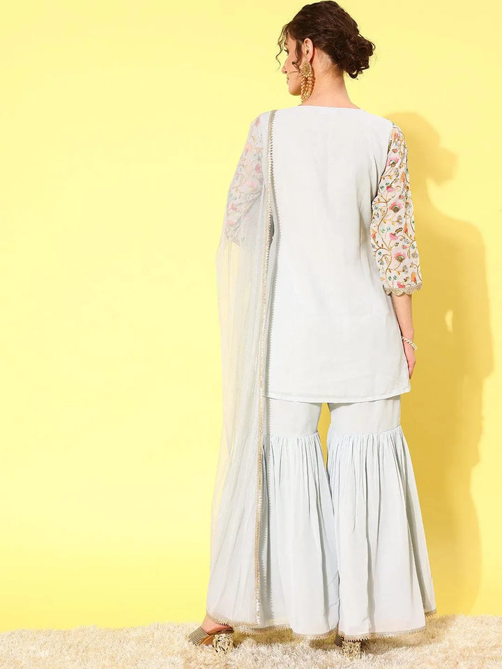 Blue Embroidered Georgette Straight Kurti With Sharara & Dupatta - Libas