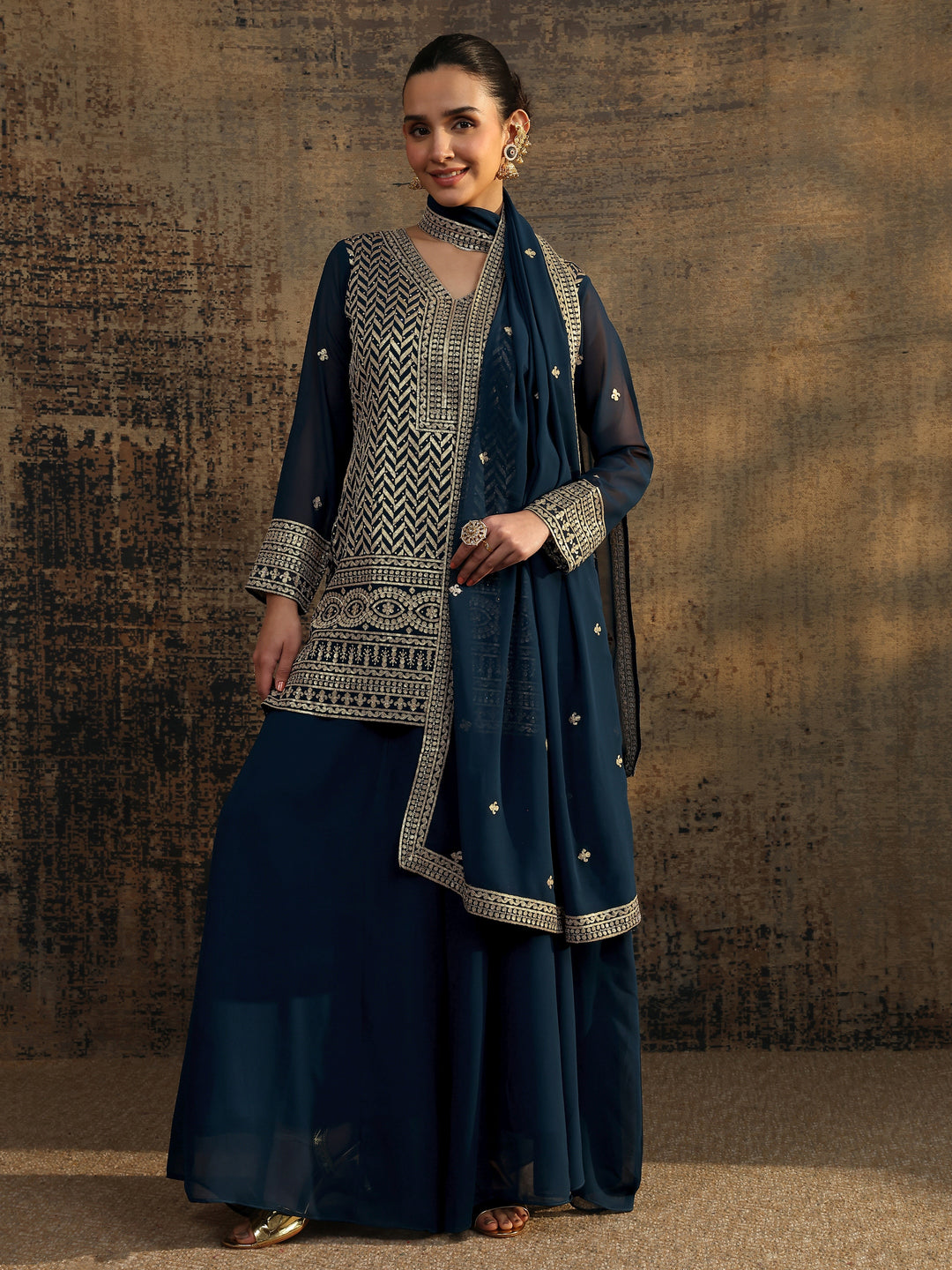 Blue Embroidered Georgette Straight Suit Set With Dupatta
