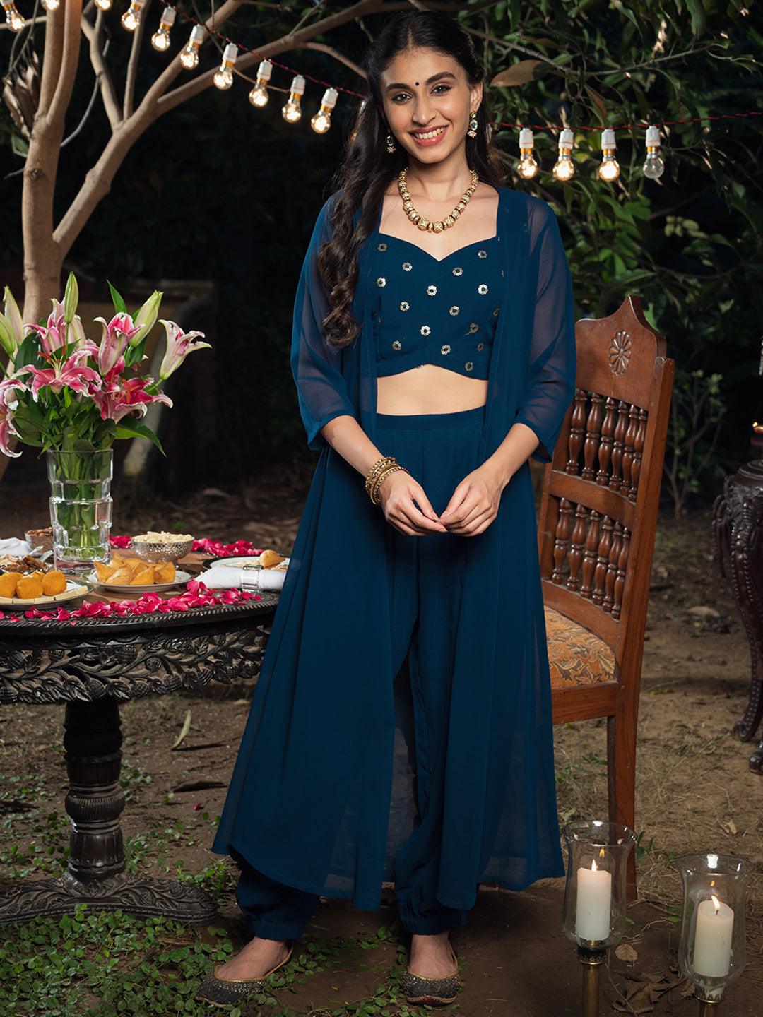 Blue Embroidered Georgette Straight Top With Salwar & Shrug