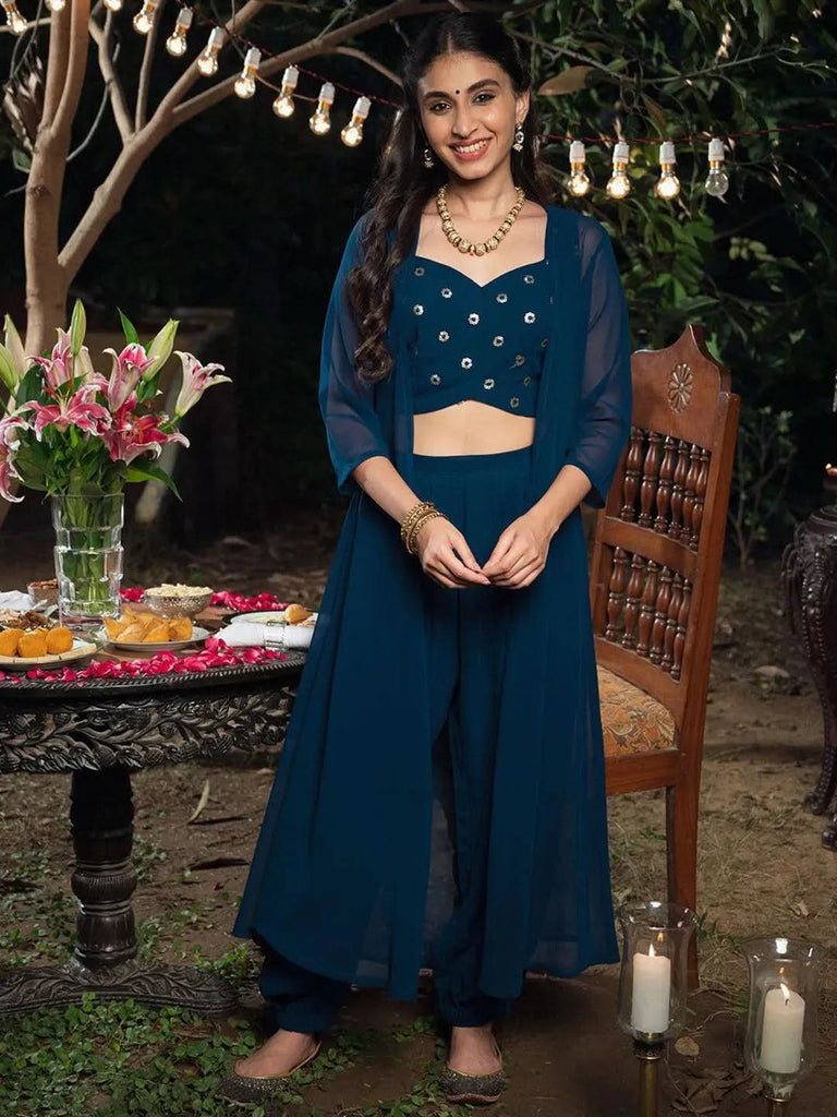 Libas Blue Embroidered Georgette Straight Top With Salwar & Shrug