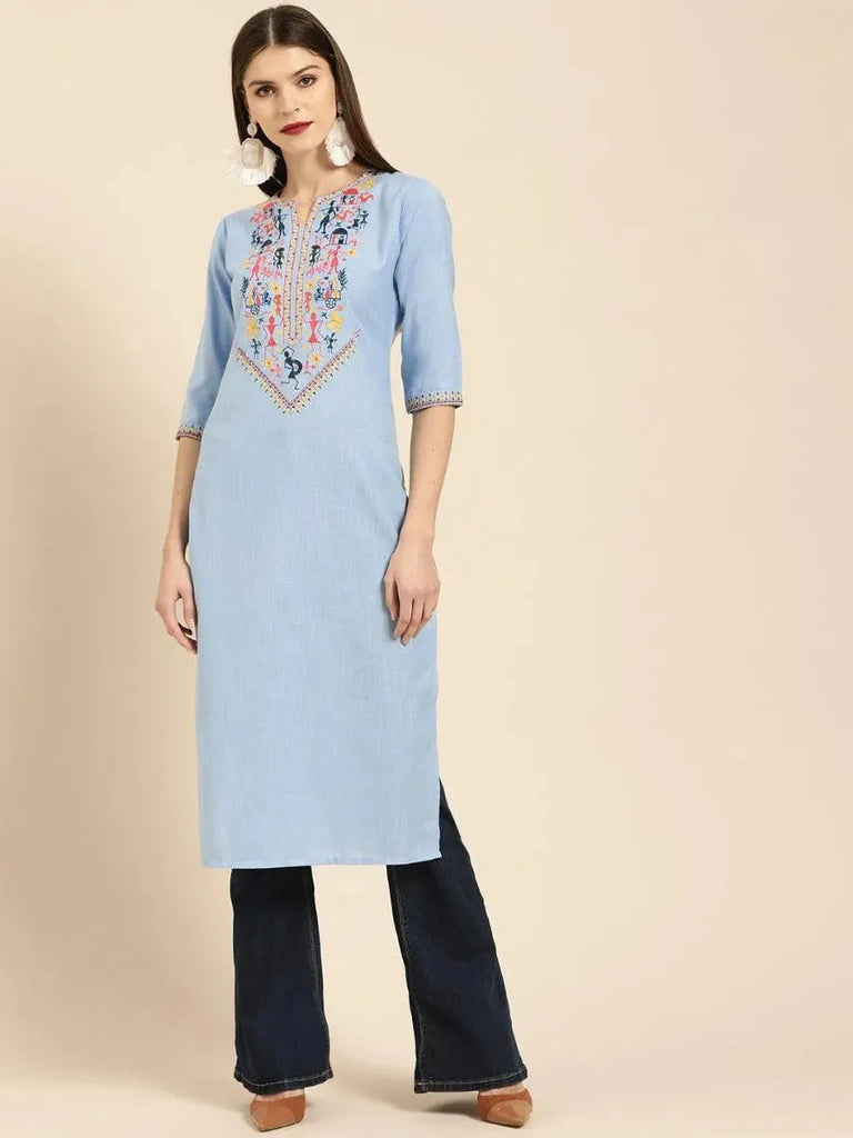 Libas Blue Embroidered Linen Kurta