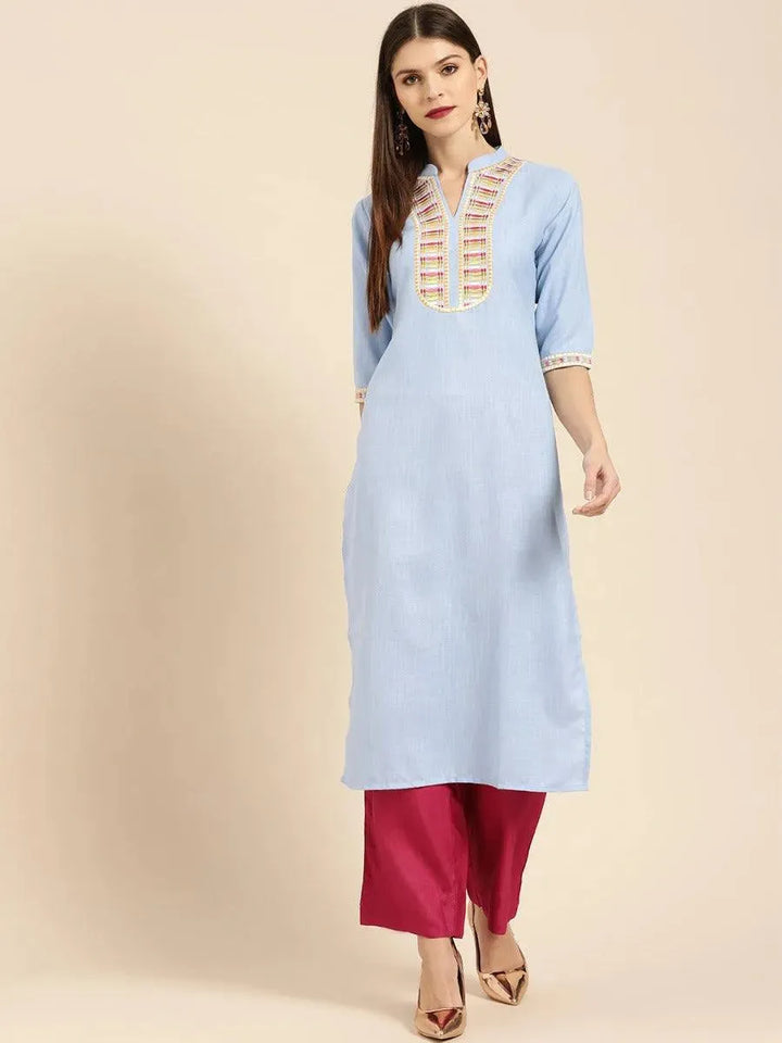 Blue Embroidered Linen Kurta - Libas