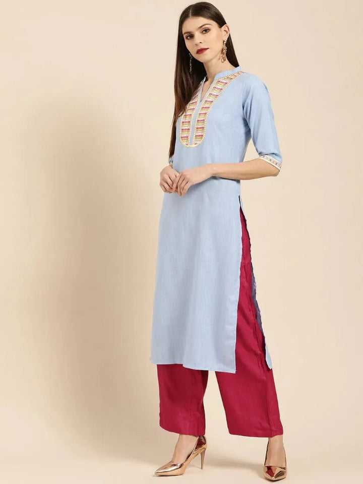 Blue Embroidered Linen Kurta - Libas