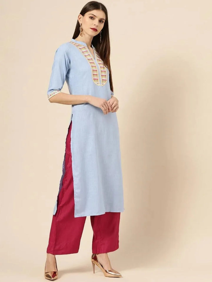 Blue Embroidered Linen Kurta - Libas