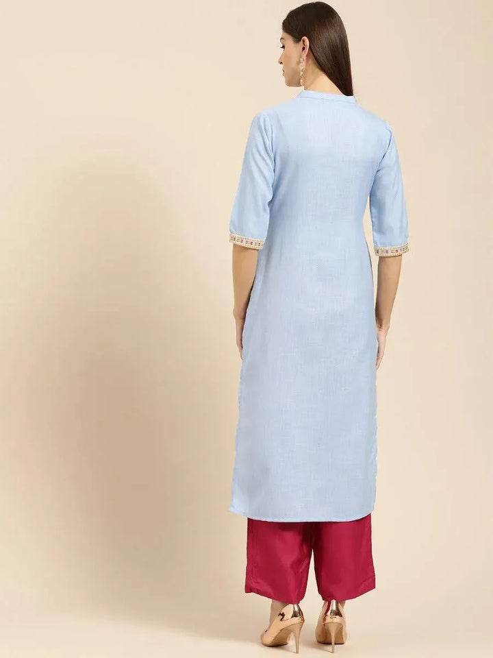 Blue Embroidered Linen Kurta - Libas