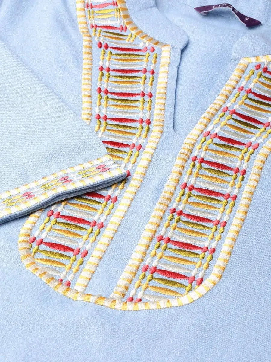 Blue Embroidered Linen Kurta - Libas 