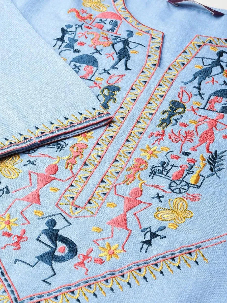 

Blue Embroidered Linen Kurta