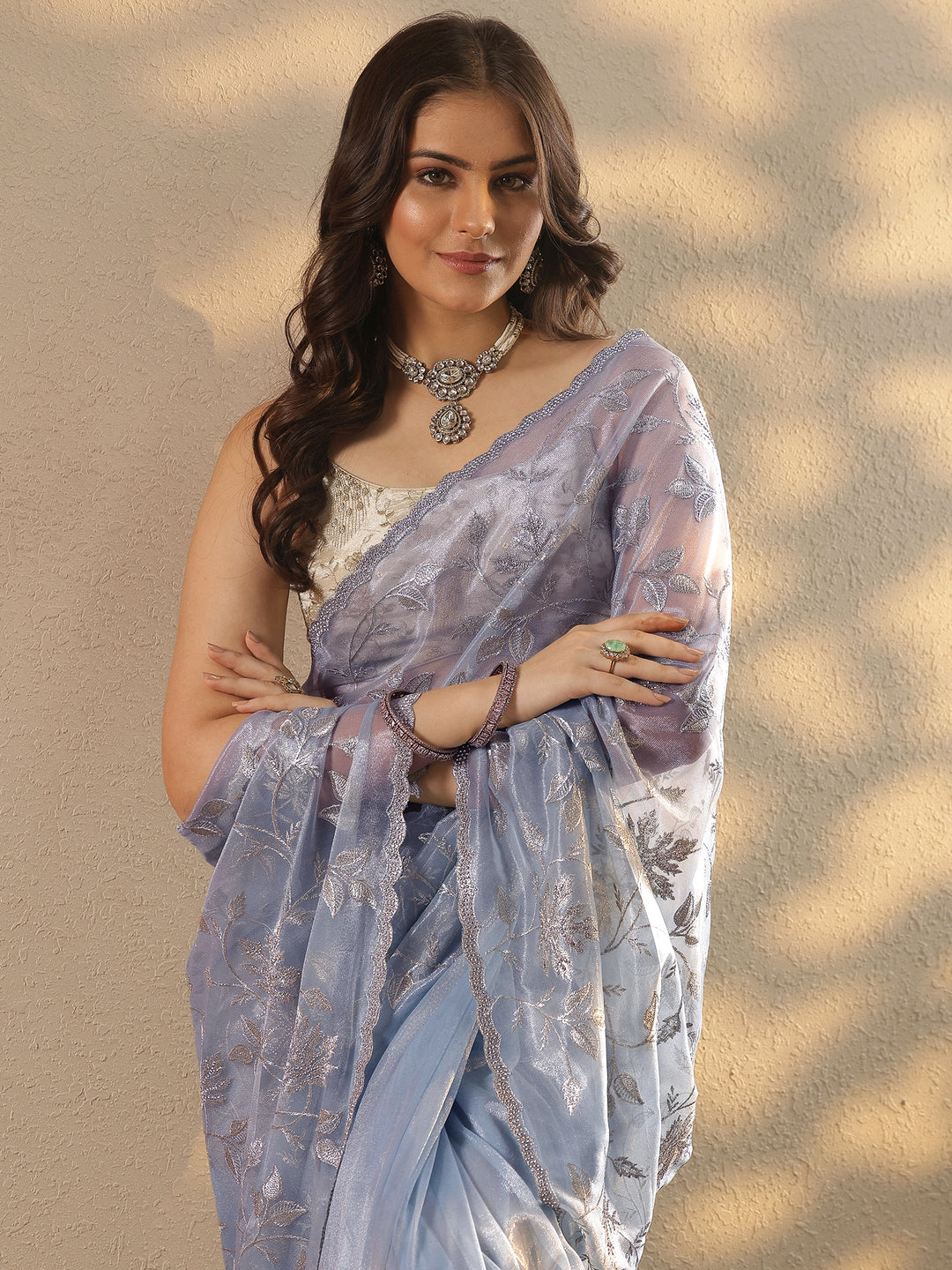 Blue Embroidered Nylon Saree With Unstitched Blouse Piece