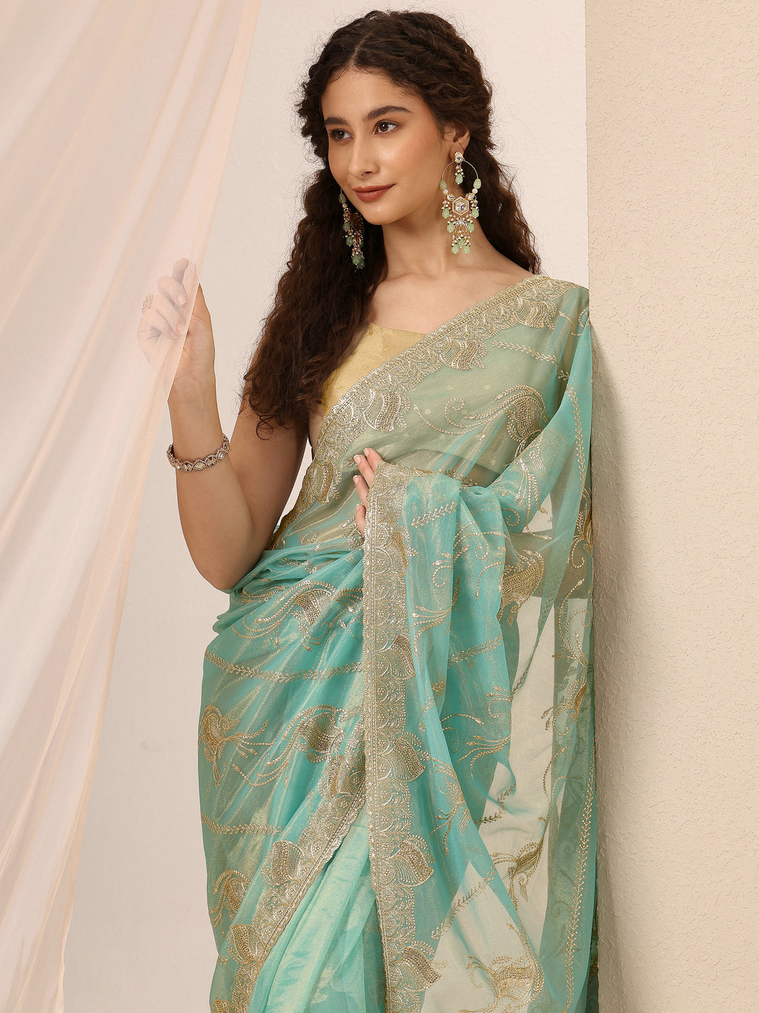 Blue Embroidered Nylon Saree With Unstitched Blouse Piece