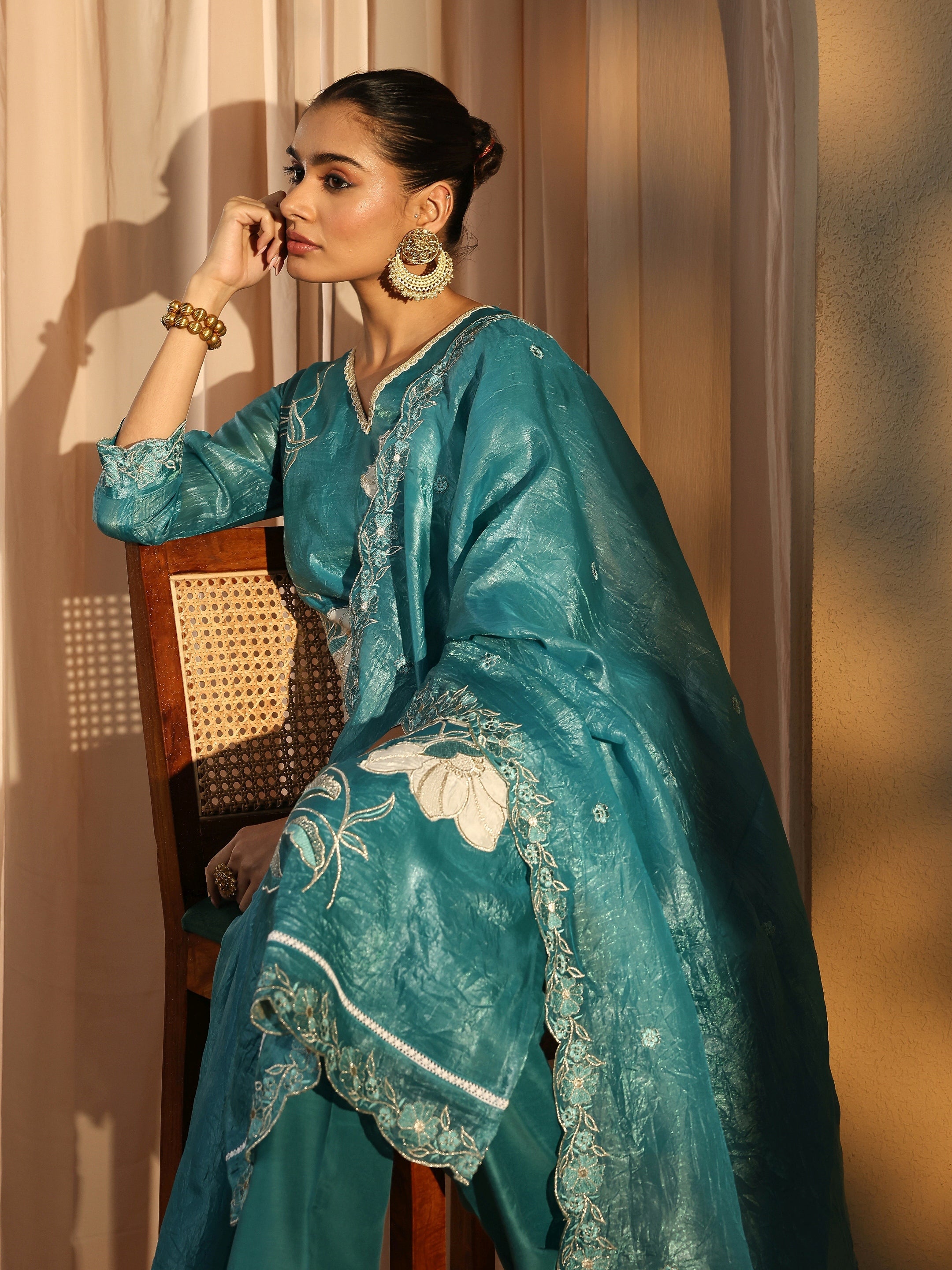 Blue Embroidered Organza Straight Suit Set With Dupatta-image-46