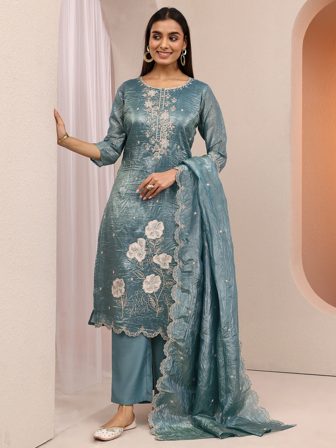 Blue Embroidered Organza Straight Suit Set With Dupatta
